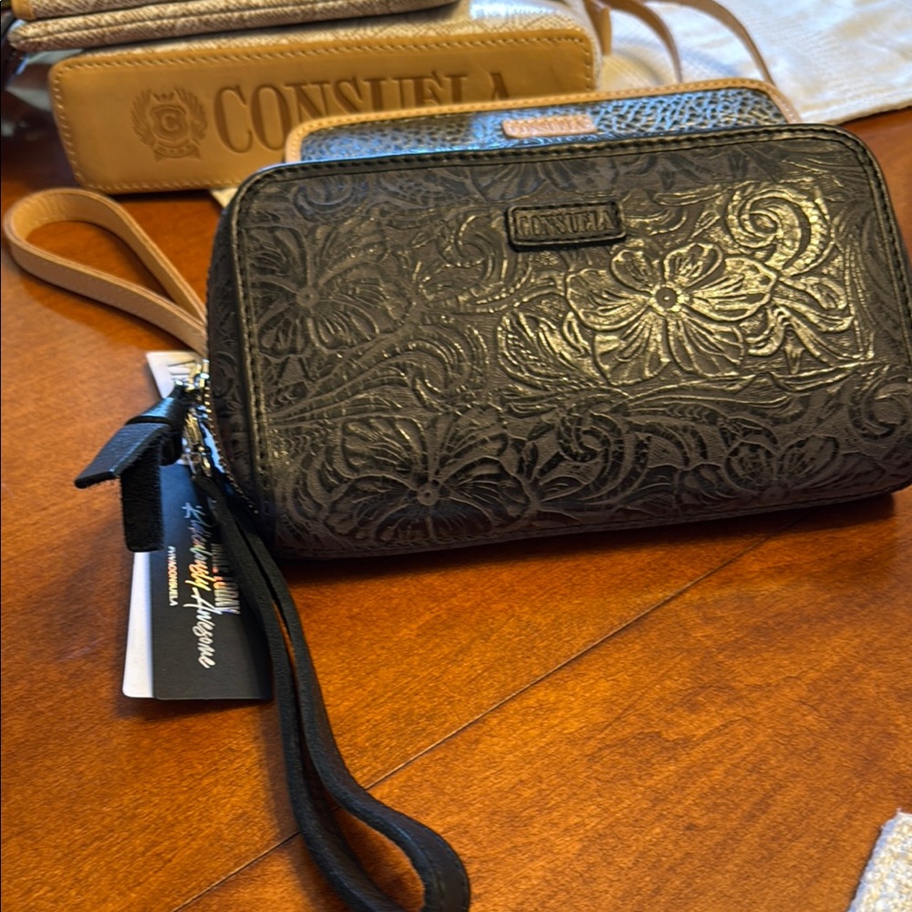 Consuela Black Embossed Floral Wristlet